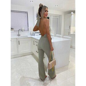 LAVISH ALICE Halter Flare Leg Jumpsuit in Sage Green Size US 2